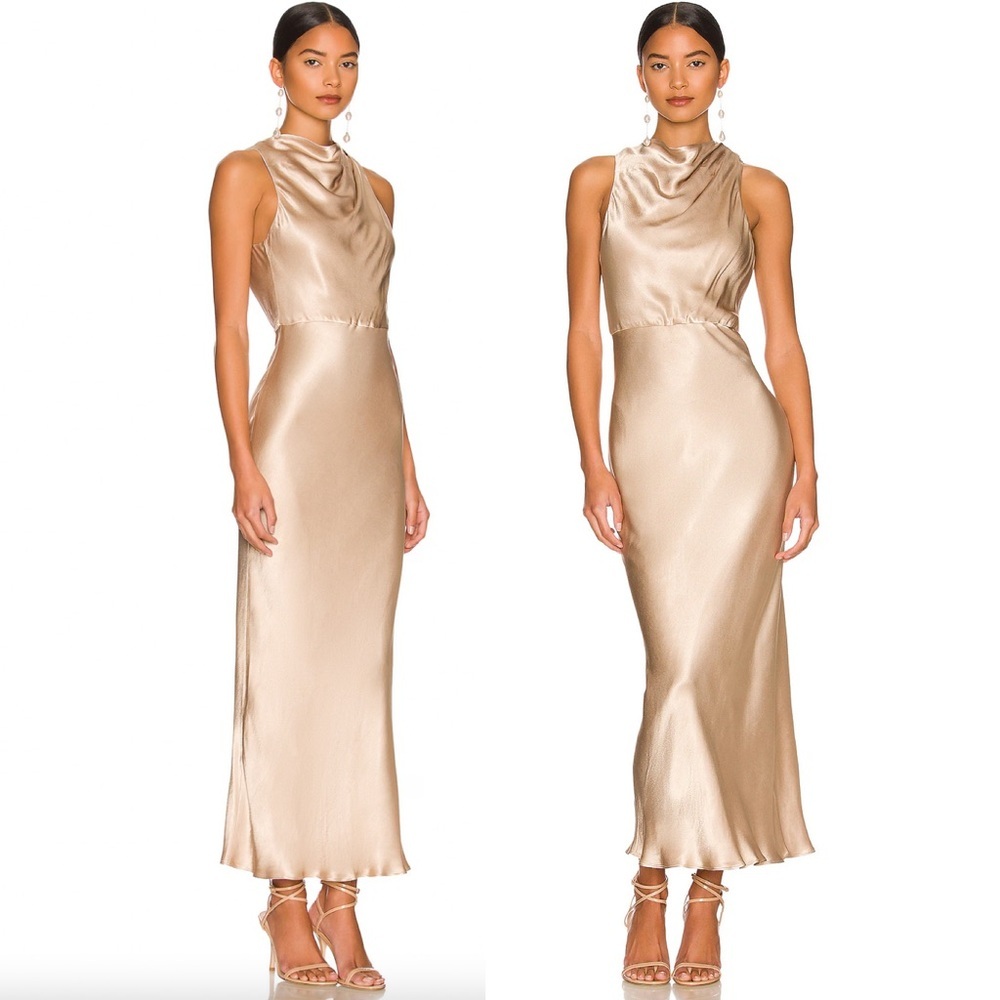 Shona Joy La Lune High Cowl Neck Midi Dress in Gold